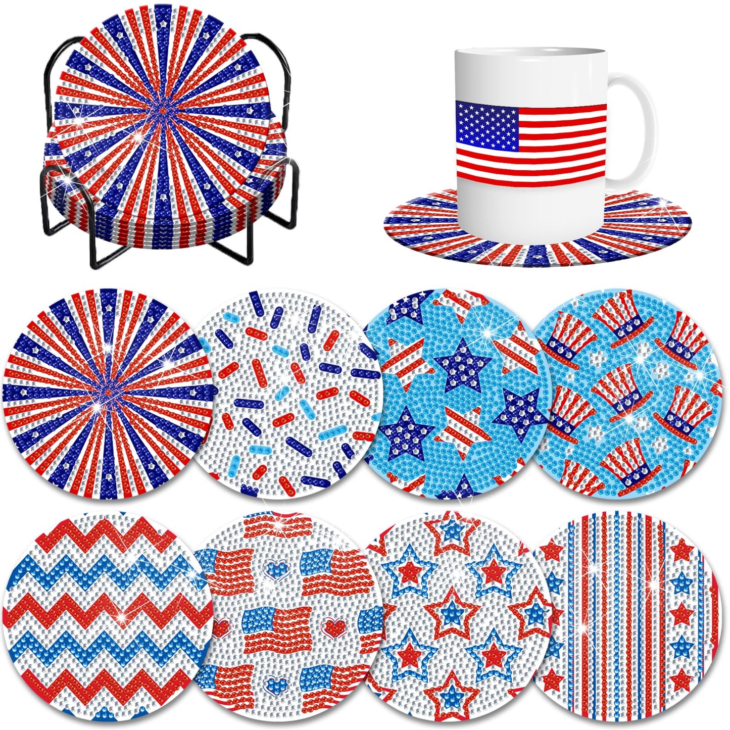 8 Pieces Patriotic Diamond Coasters with Holder DIY Cute 4th of July Diamond Art Coasters 5d Independence Day 5d Diamond Coasters for Beginners Adults Art Craft Supplies Gift