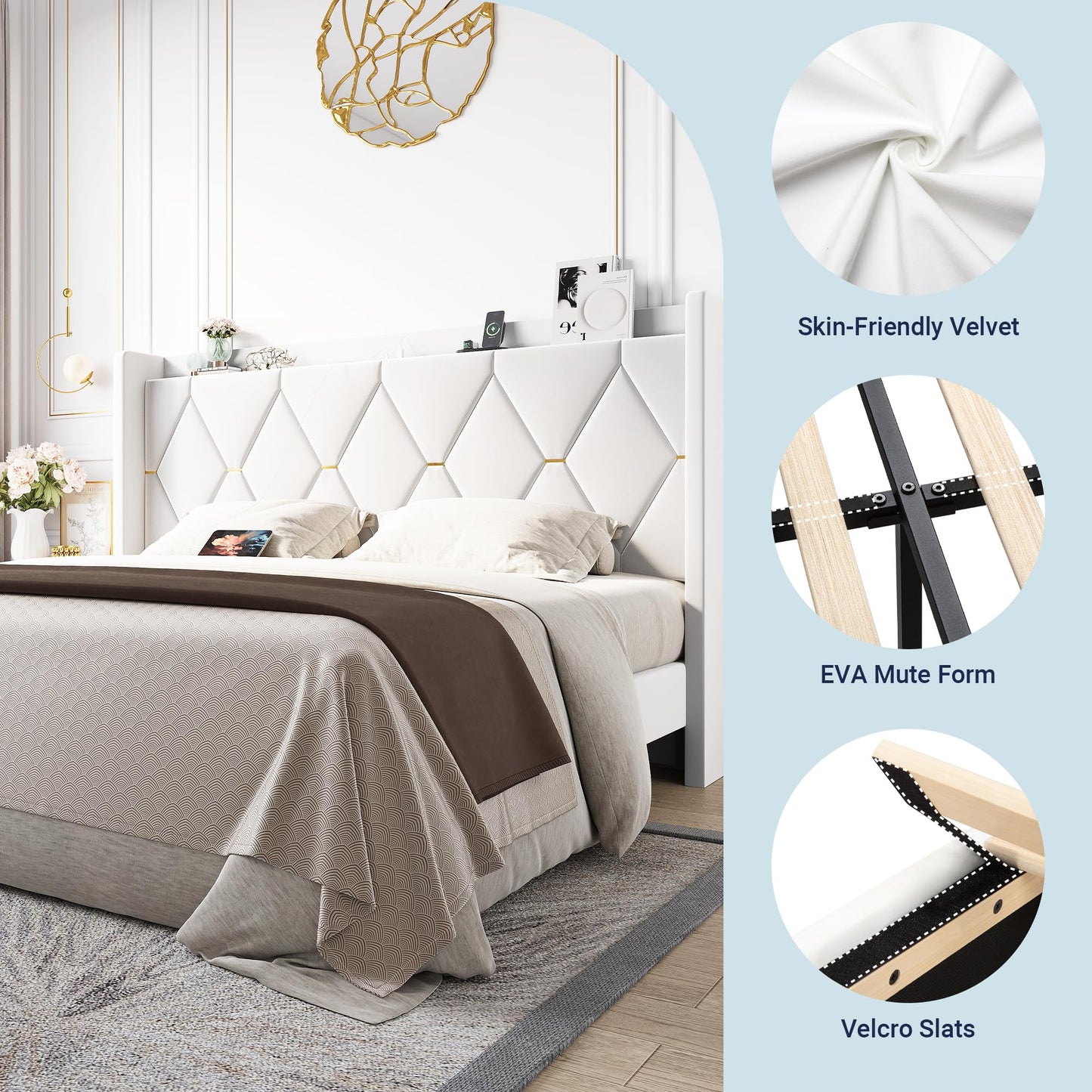 Allewie Velvet King Size Upholstered Bed Frame with Wingback Storage Headboard & Charging Station, Platform Bed with Diamond Tufted Design & Gold Trim, No Box Spring Needed, Easy Assembly, White
