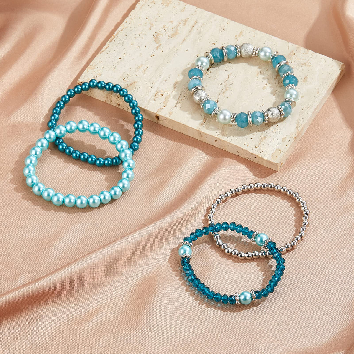Noessla Beaded Pearl Stretch Bracelet Silver Stackable Crystal Beads Bracelets Trendy Costume Jewelry Mothers Day Gifts for Women(Turquoise)