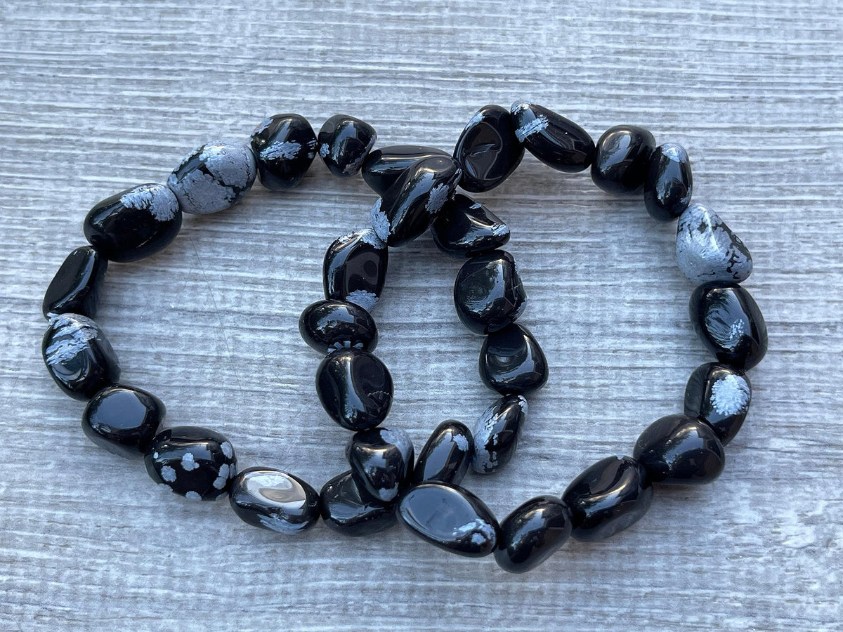 GAF TREASURES Snowflake Obsidian Crystal Nugget Bracelet, Genuine Snowflake Obsidian Tumbled Gemstone Bracelet, Healing Crystal Bracelet, Gift for Men & Women (1)