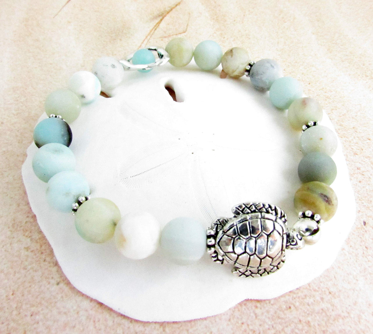Sea Turtle and Heart Charm Bracelet with Amazonite Stones, Valentines Gifts for Women