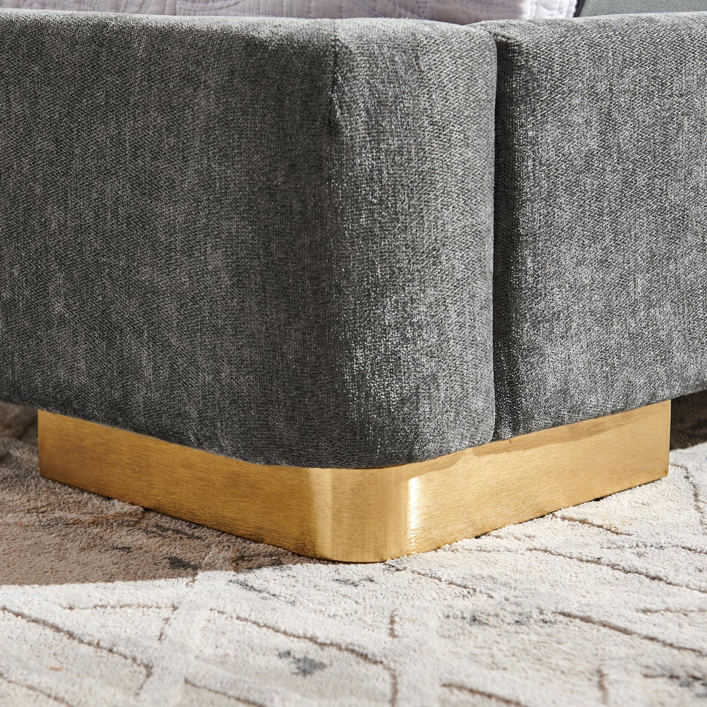 KEIKI King Size Platform Bed Frame Modern Upholstered with Curved Headboard, Chenille Fabric and Electroplated Metal Legs, No Box Spring Needed, Flexible DIY Side Space Design, Dark Gray