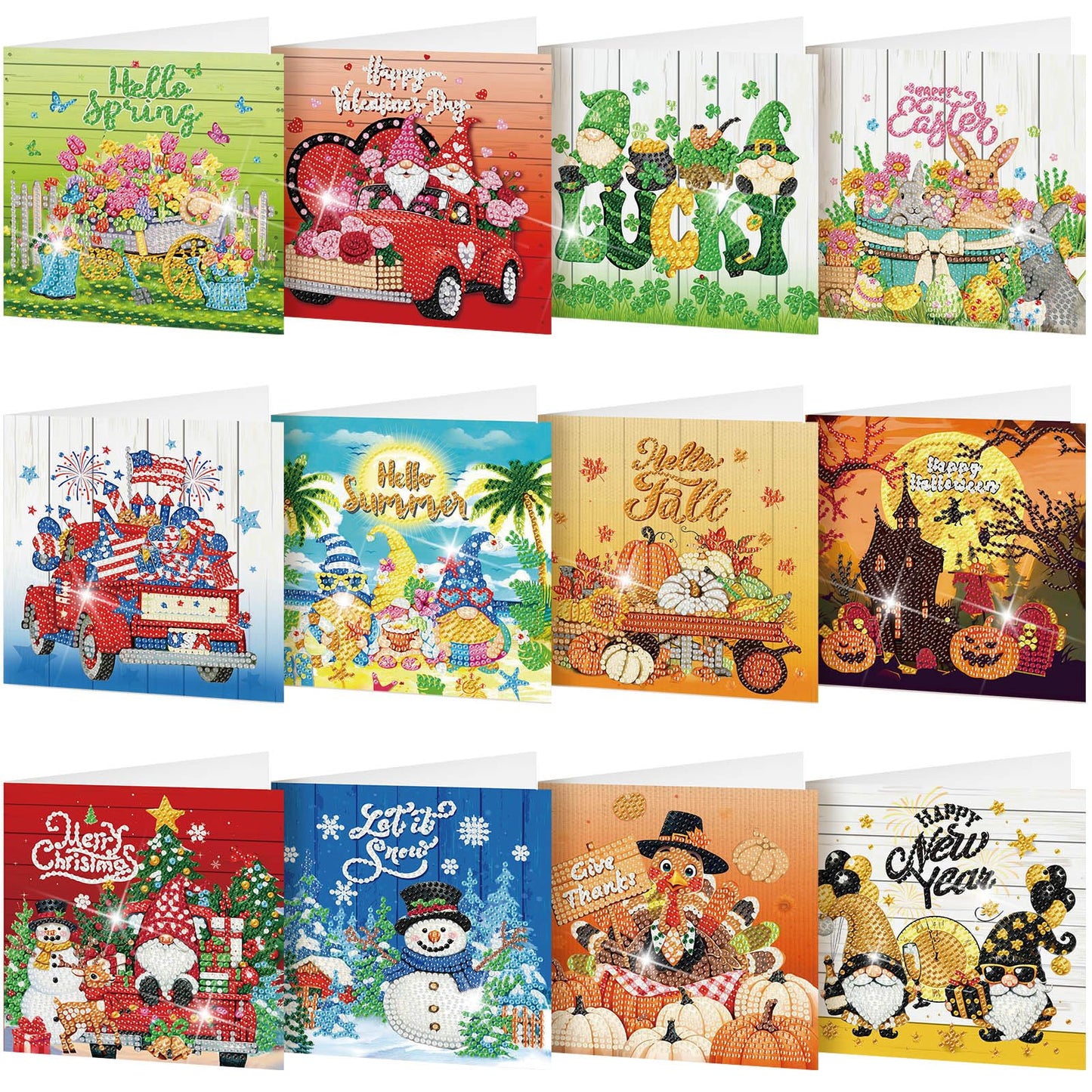 Saillong 12 Pack Holiday Diamond Painting Greeting Card Kit Seasonal Diamond Art Cards with Envelopes Summer Patriotic 5D Rhinestones Painting Making Kit for Adult DIY Craft Family Friend Holiday Gift