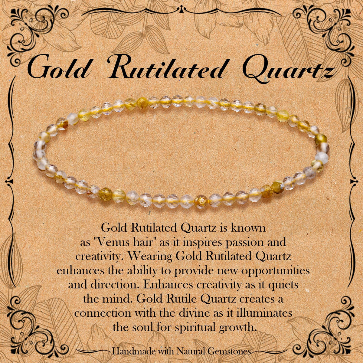 BONNY BOXX Natural Genuine Gemstone Faceted Round Beads Bracelets, 3mm Adjustable Stretchy Tiny Faceted Gold Rutilated Quartz Bracelet, Healing Crystal Reiki Chakra Dainty Jewelry Fashion Gifts