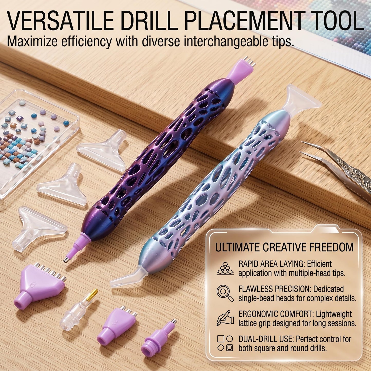 NICEXIYAZI-Iridescent Diamond Painting Pen Set, Hollow Ergonomic Diamond Art Pen with 6 Interchangeable Tips, Lightweight Drill Pen for 5D Diamond Painting, Nail Art, DIY Craft