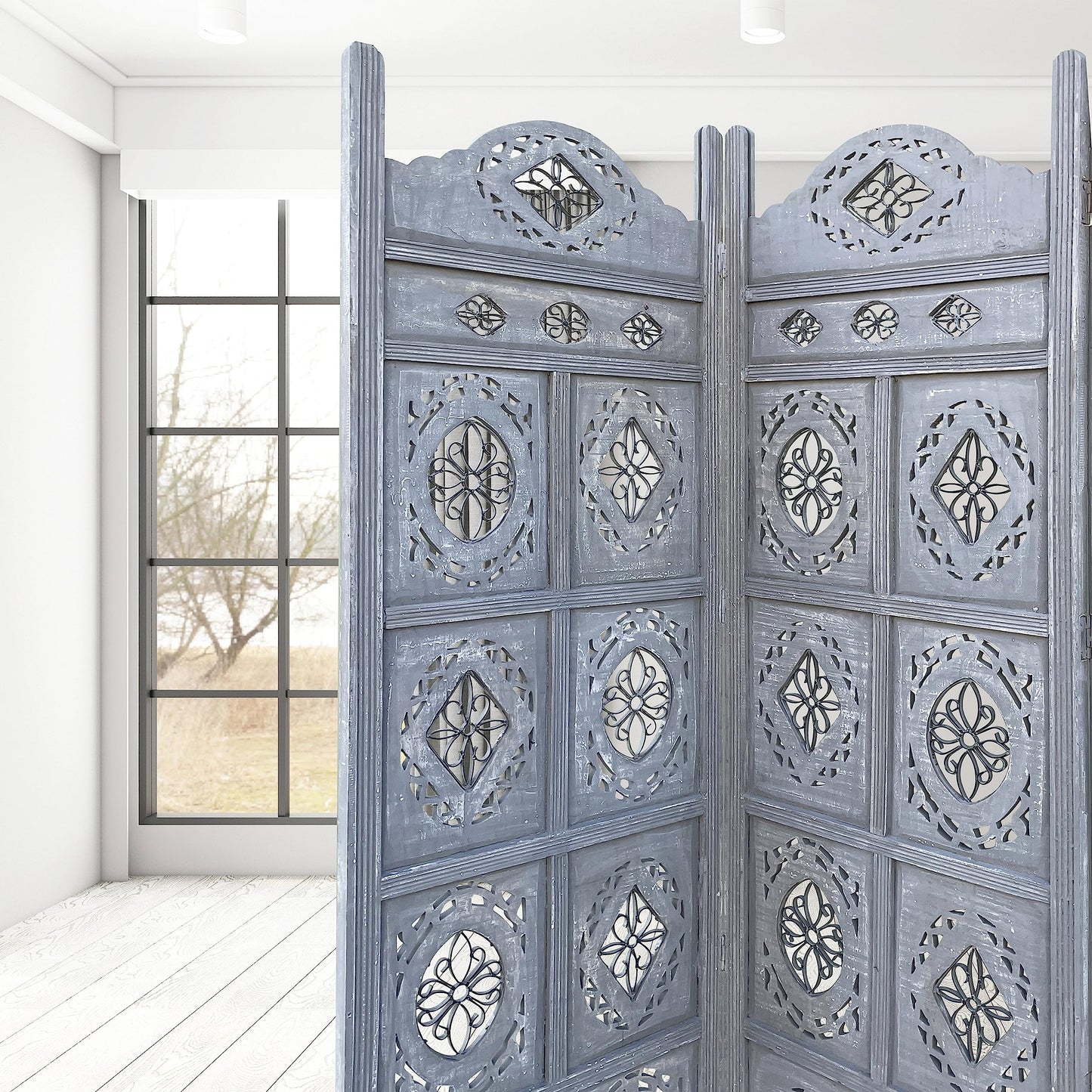 Hand Crafted 4-Panel Wood Divider, Multi-Panel Privacy Screen (Box Floral)