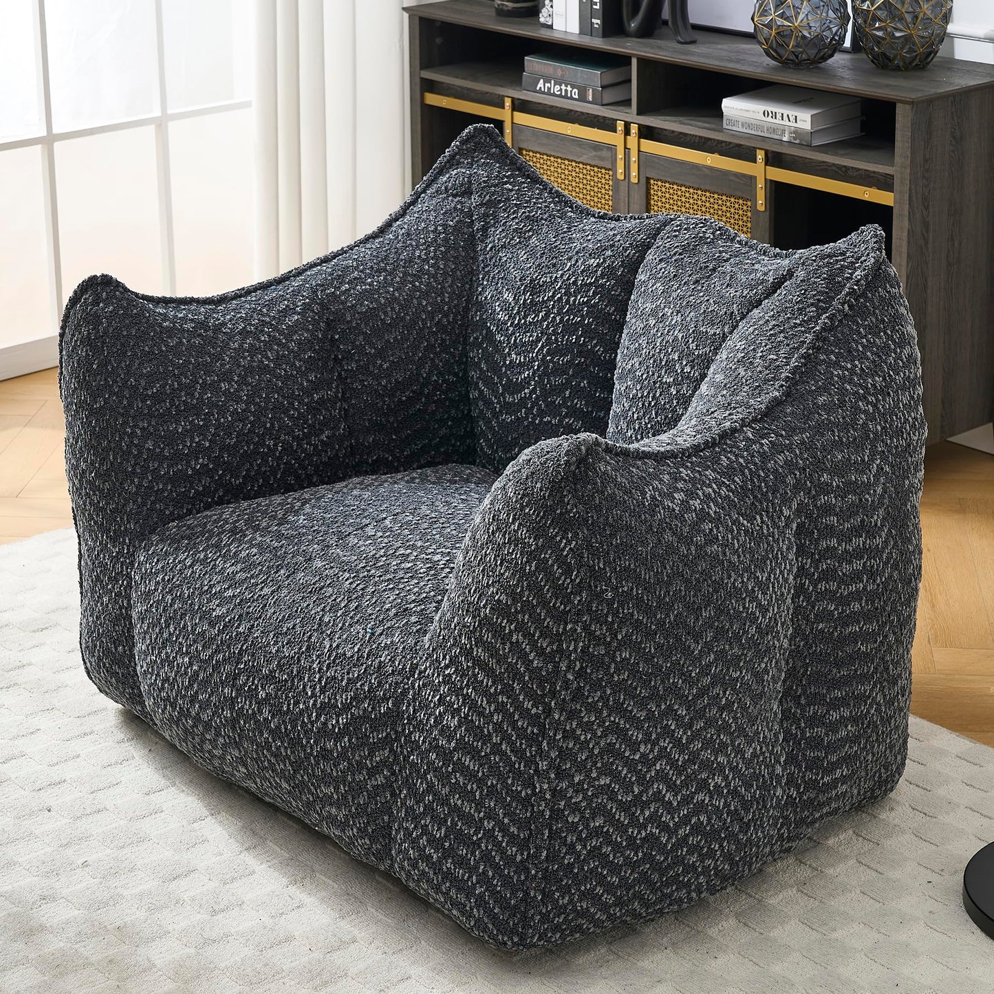 Large Chenille Bean Bag Chair for Adults - Oversized Square Lazy Sofa, Comfortable Gaming Reading TV Seat, 47.2" W x 36.2" D, Black, Living Room & Bedroom Essential