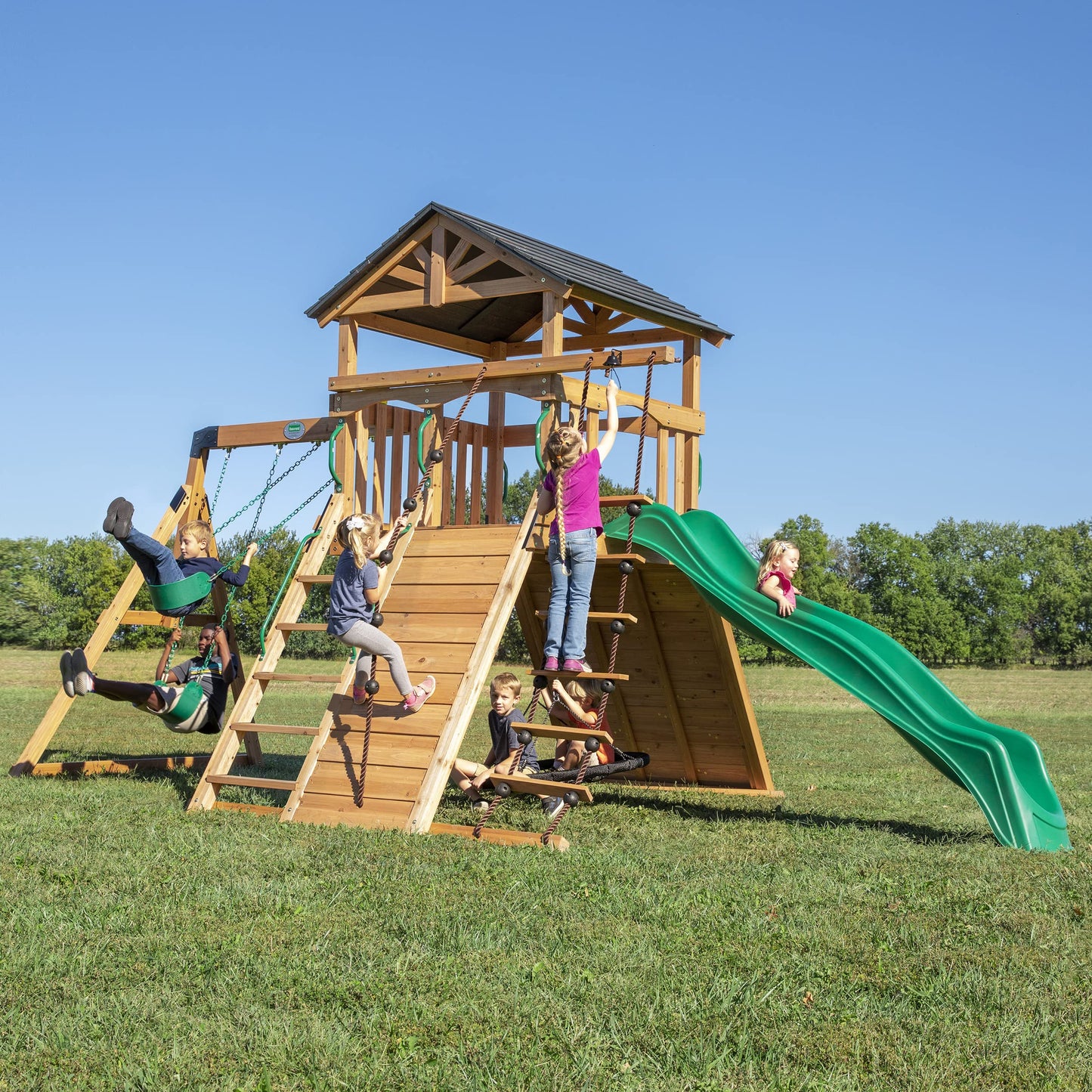 Backyard Discovery Endeavor All Cedar Wood Swing Set Playset for Backyard with Large Clubhouse Wave Slide Rope Ladder Rock Climbing Wall Wave Slide 2 Belt Swings and 1 Web Swing Gift for Ages 3-10