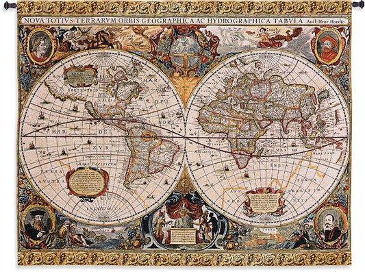 Antique Old World Map Geographica by Jan Janssonius | Woven Tapestry Wall Art Hanging | Beautiful Rustic Globe with Luxurious Mythology Designs | 100% Cotton USA Size 67x53