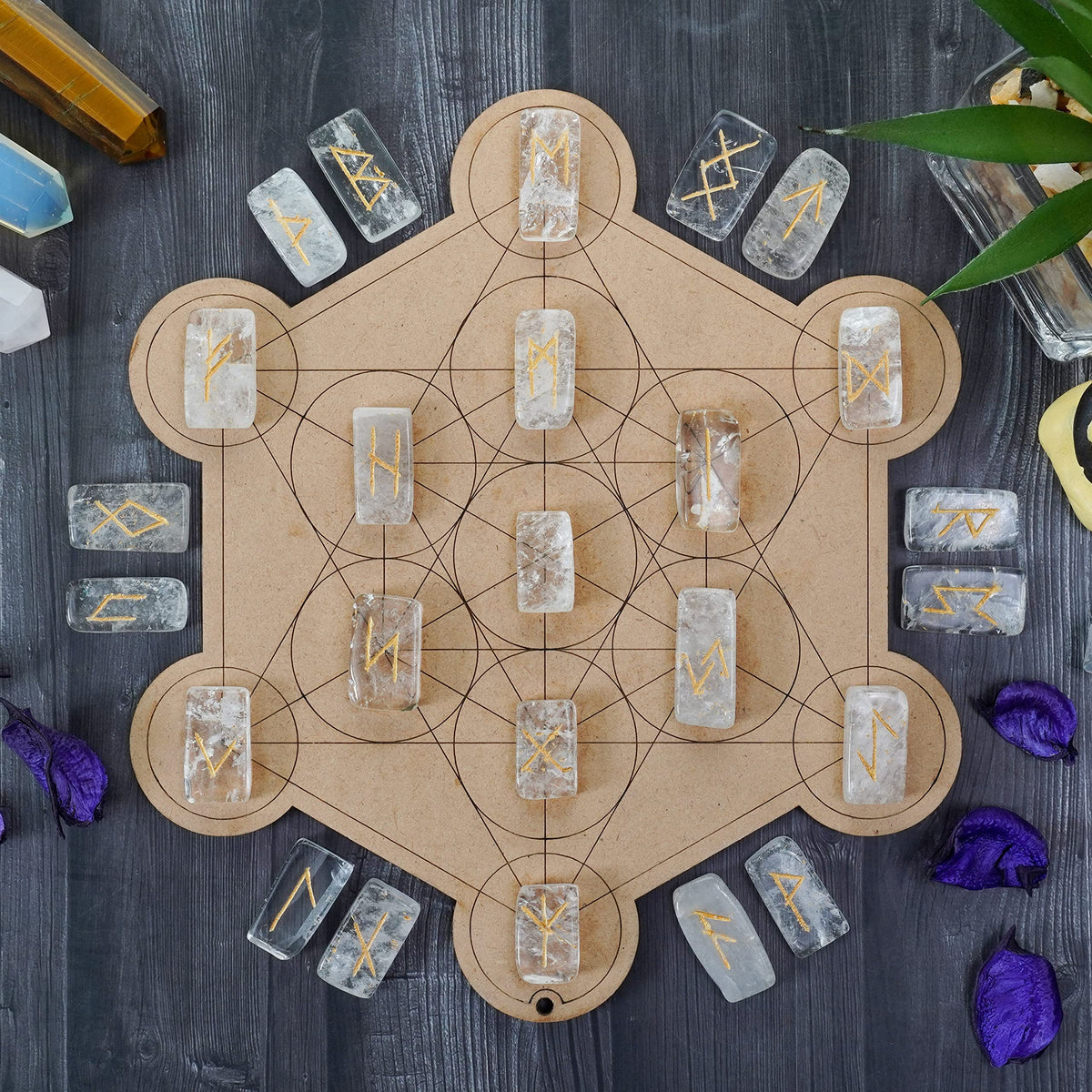 Crocon Clear Quartz Rectangle Shape Gemstone Runes with Elder Futhark Alphabet Engraved 25 pcs Rune Set Crystal Divination Metaphysical Healing Chakra Reiki Runes Set with a Pouch| Size : 20-25mm