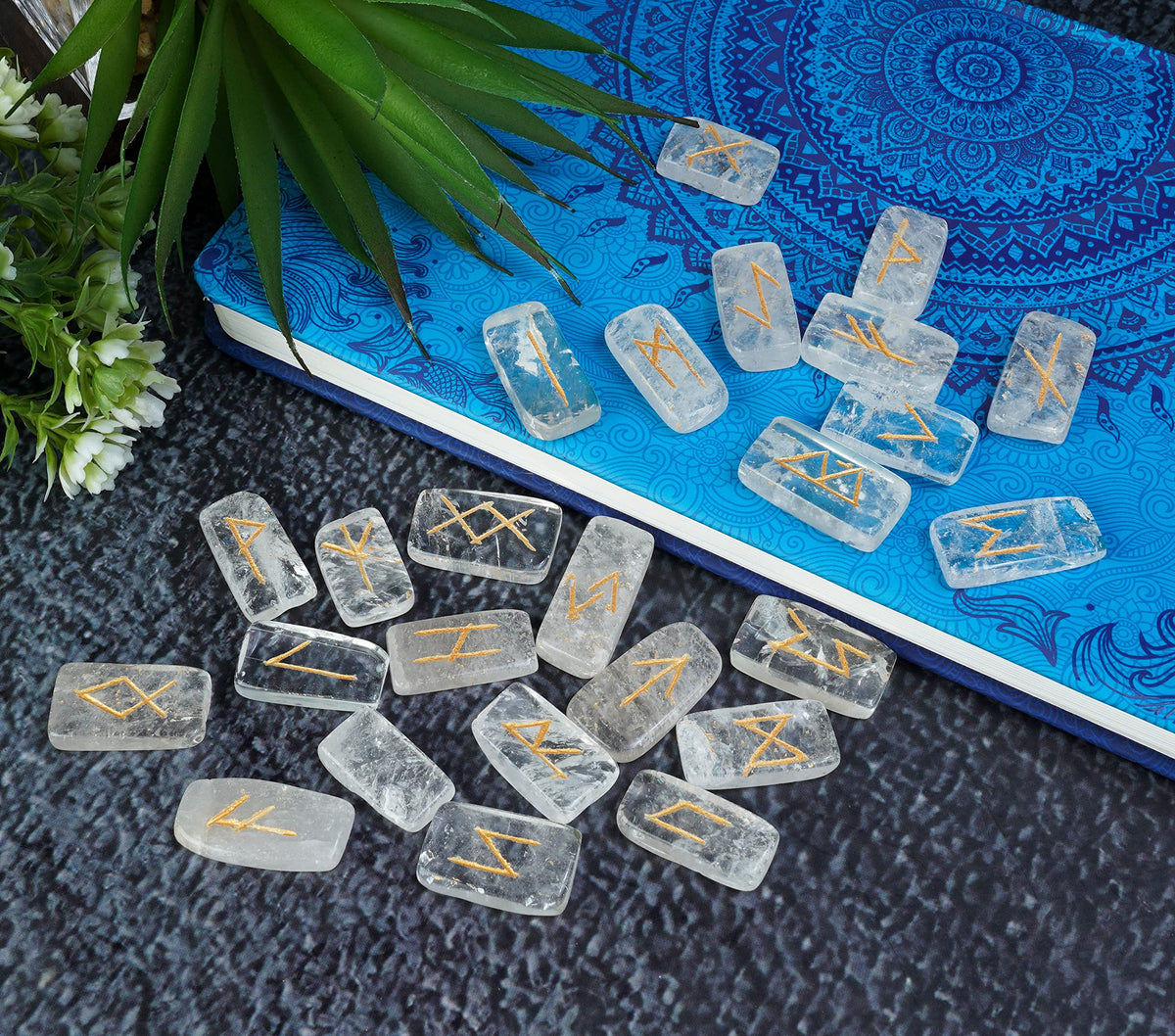 Crocon Clear Quartz Rectangle Shape Gemstone Runes with Elder Futhark Alphabet Engraved 25 pcs Rune Set Crystal Divination Metaphysical Healing Chakra Reiki Runes Set with a Pouch| Size : 20-25mm