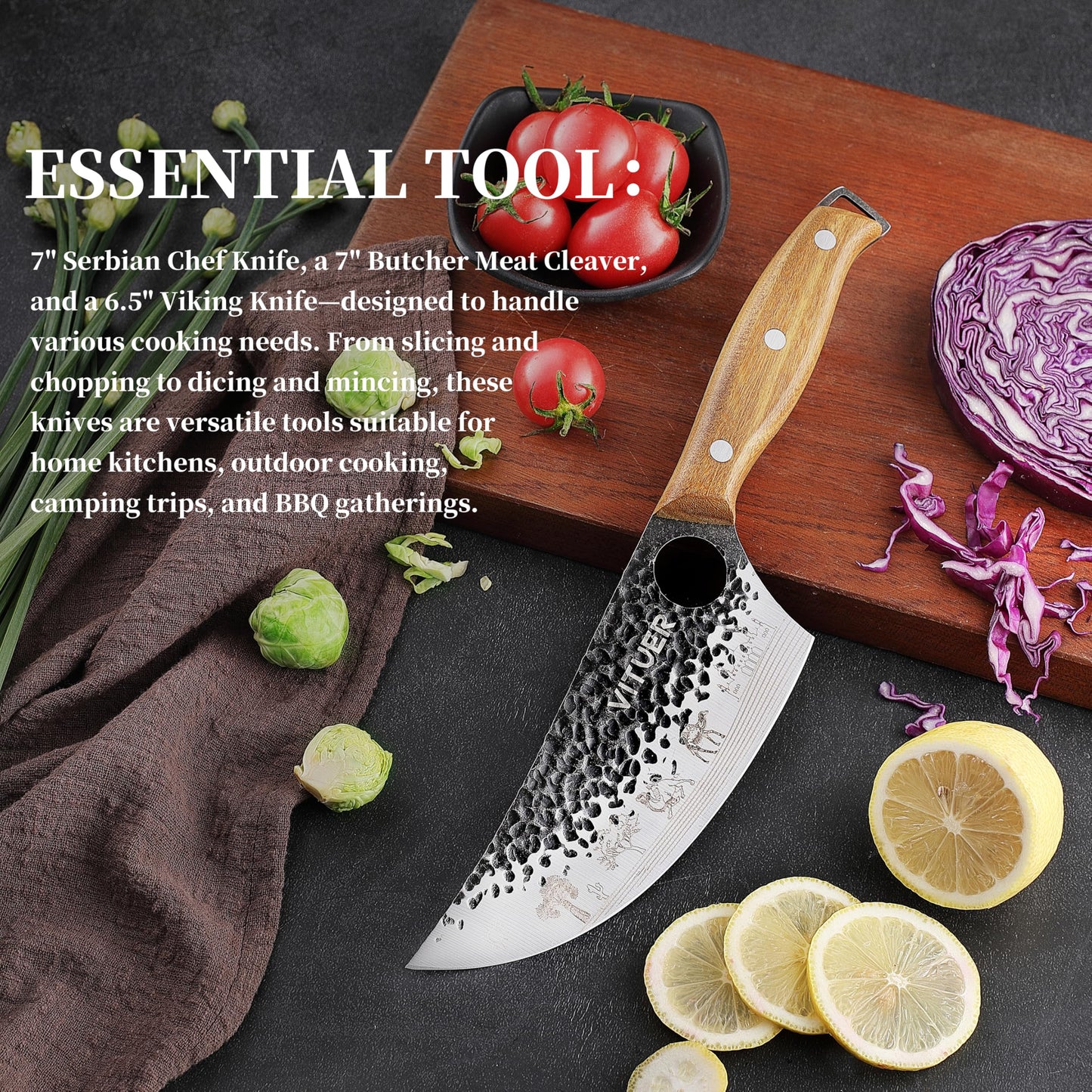 3PCS Butcher Knife Set, Hand Forged 7" Butcher Meat Cleaver, 7" Serbian Chef and 6.5" Viking Knife, Great for Indoor & Outdoor (Stylish Pattern Design)
