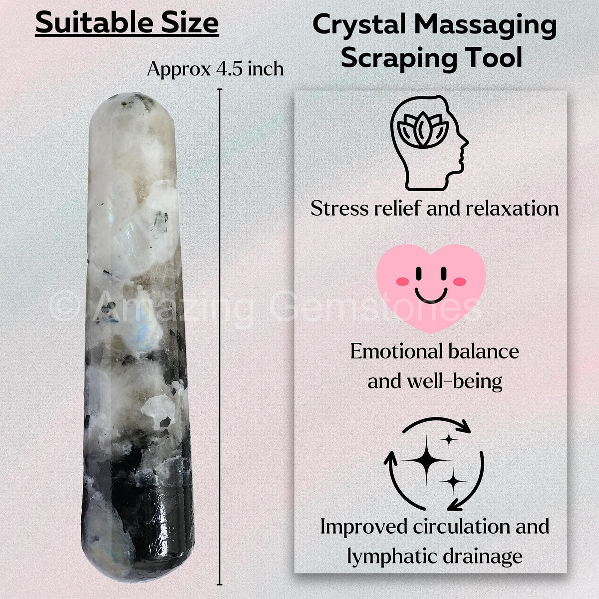 Amazing Gemstone Rainbow Moonstone Crystal Wand Massage Stick - Pelvic Wand Gua Sha for Adults - Crystals and Healing Stones Massage Wands for Adults Gifts (Smooth)